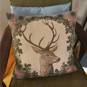 Green and Brown Holiday Pillow with Stag Design